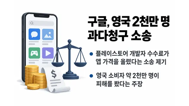 구글, 영국 2천만명 과다청구 소송 — 기사 주제를 표현한 AI 생성 개념 삽화