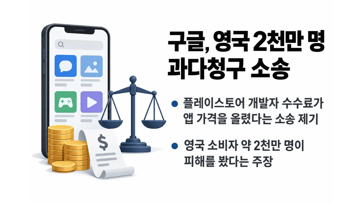 구글, 영국 2천만명 과다청구 소송 — 기사 주제를 표현한 AI 생성 개념 삽화