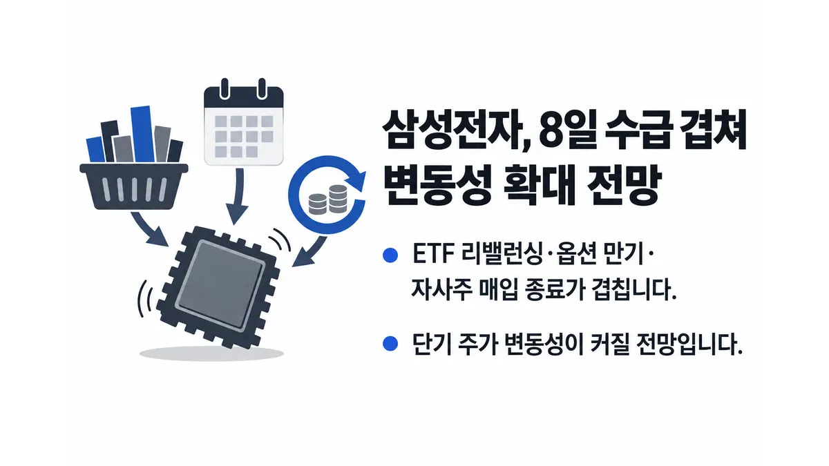 삼성전자 8일 수급 겹쳐 변동성 확대 전망 — 기사 주제를 표현한 AI 생성 개념 삽화